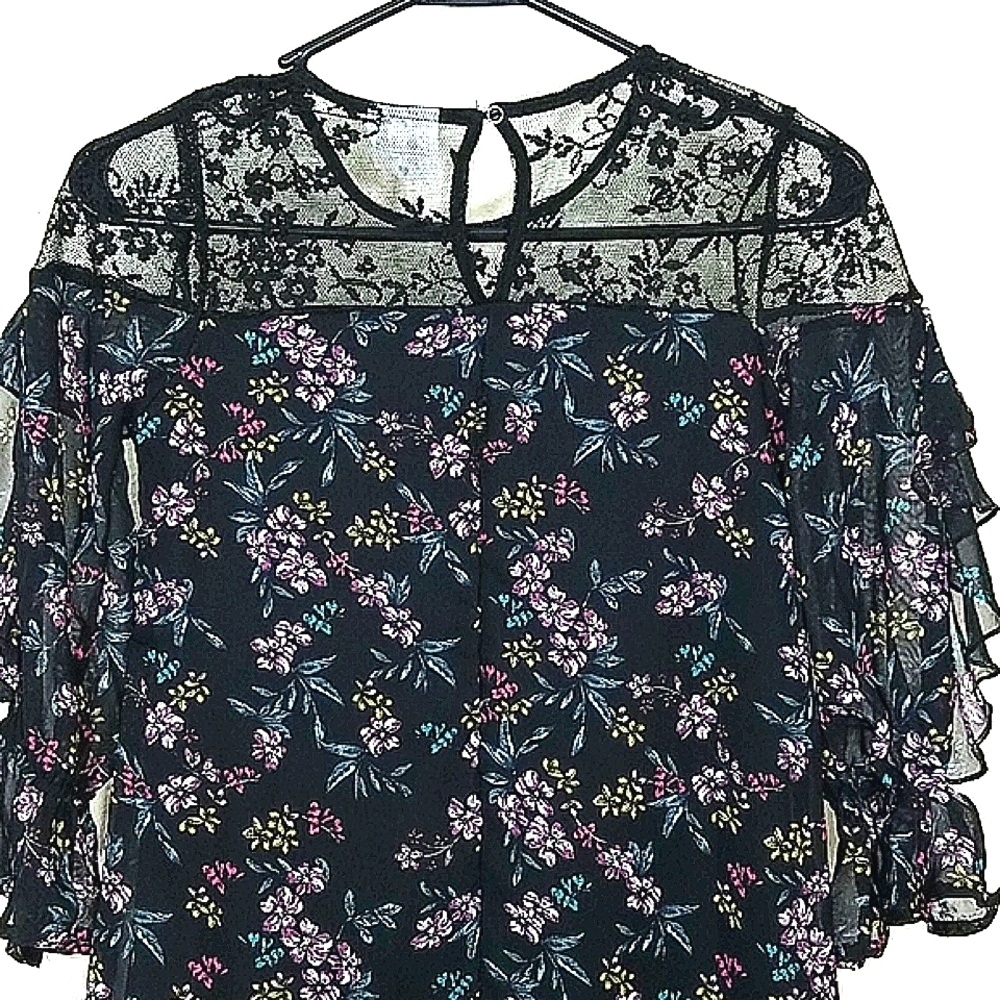 Dress 3/4 long sleeve ruffle lace floral print lined chiffon Whimsigoth Fairy - Picture 5 of 9